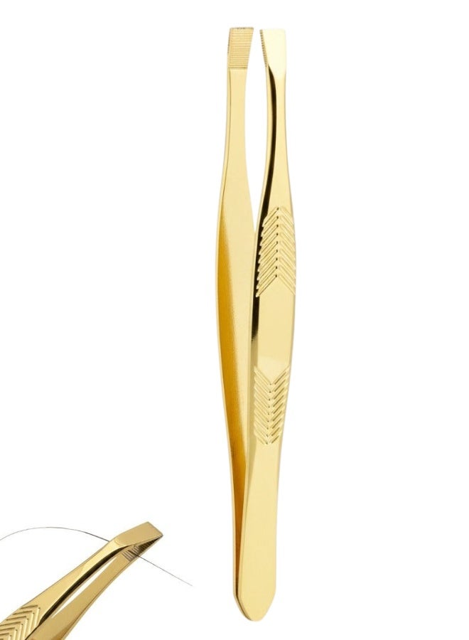 ملاقط تجميل دقيقة ذات طرف مستقيم - طلاء ذهبي لامع، ومقبض شيفرون مانع للانزلاق لتشكيل الحواجب بشكل مثالي - Image 1